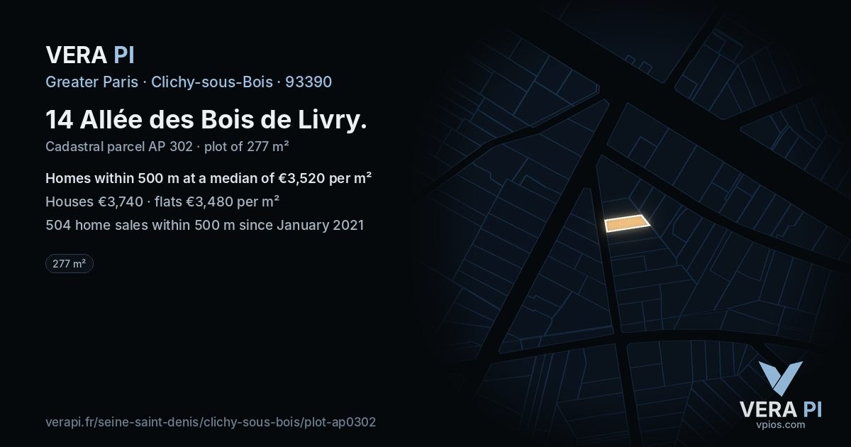 14 Allée des Bois de Livry, Clichy-sous-Bois at night – the plot lit, the parcels around coloured by the prices near them