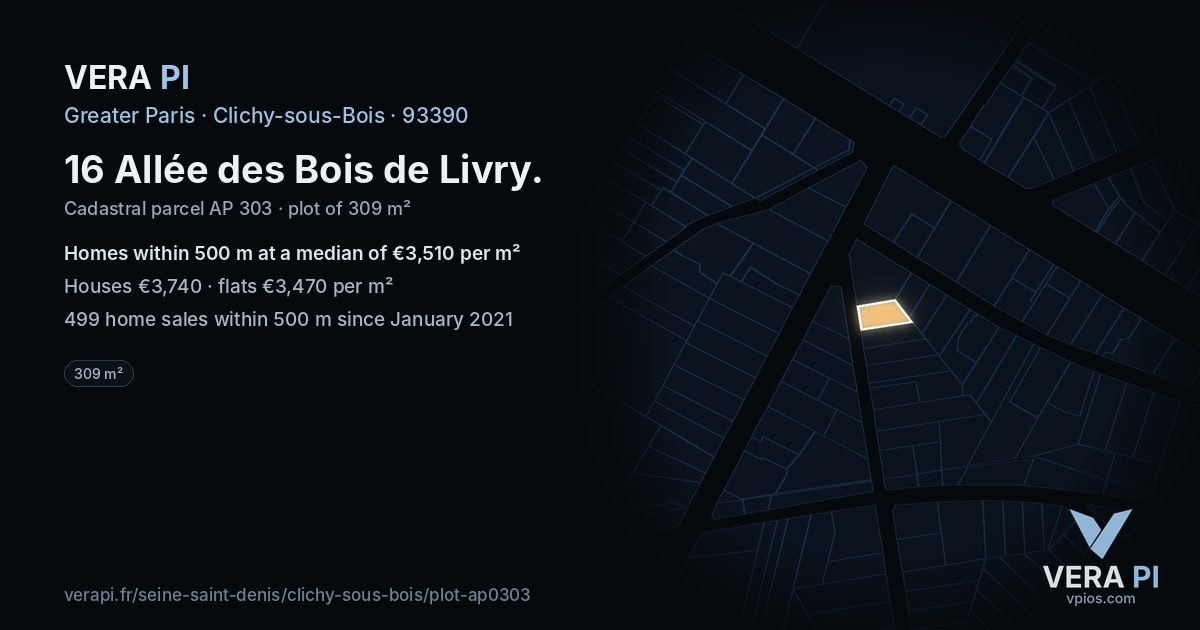 16 Allée des Bois de Livry, Clichy-sous-Bois at night – the plot lit, the parcels around coloured by the prices near them