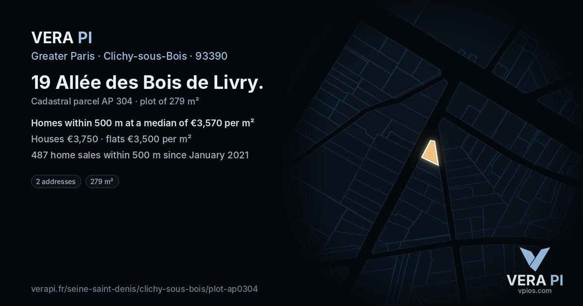19 Allée des Bois de Livry, Clichy-sous-Bois at night – the plot lit, the parcels around coloured by the prices near them