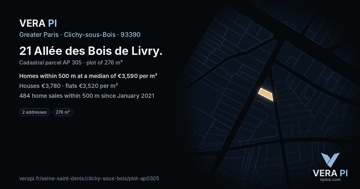 21 Allée des Bois de Livry, Clichy-sous-Bois at night – the plot lit, the parcels around coloured by the prices near them
