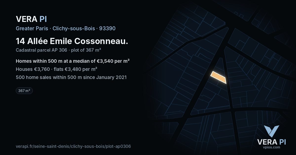 14 Allée Emile Cossonneau, Clichy-sous-Bois at night – the plot lit, the parcels around coloured by the prices near them