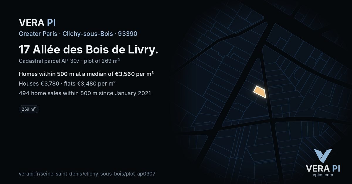 17 Allée des Bois de Livry, Clichy-sous-Bois at night – the plot lit, the parcels around coloured by the prices near them