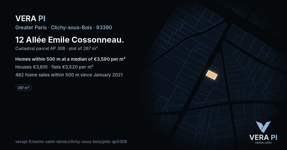 12 Allée Emile Cossonneau, Clichy-sous-Bois at night – the plot lit, the parcels around coloured by the prices near them