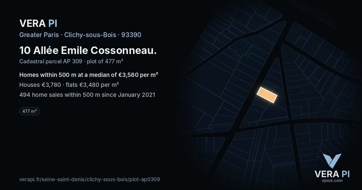 10 Allée Emile Cossonneau, Clichy-sous-Bois at night – the plot lit, the parcels around coloured by the prices near them