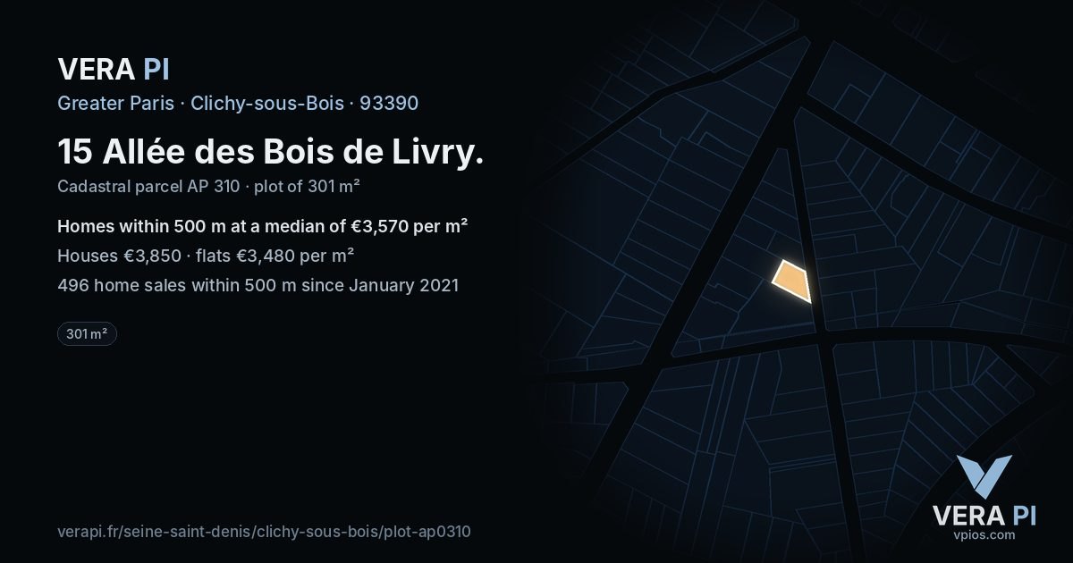 15 Allée des Bois de Livry, Clichy-sous-Bois at night – the plot lit, the parcels around coloured by the prices near them