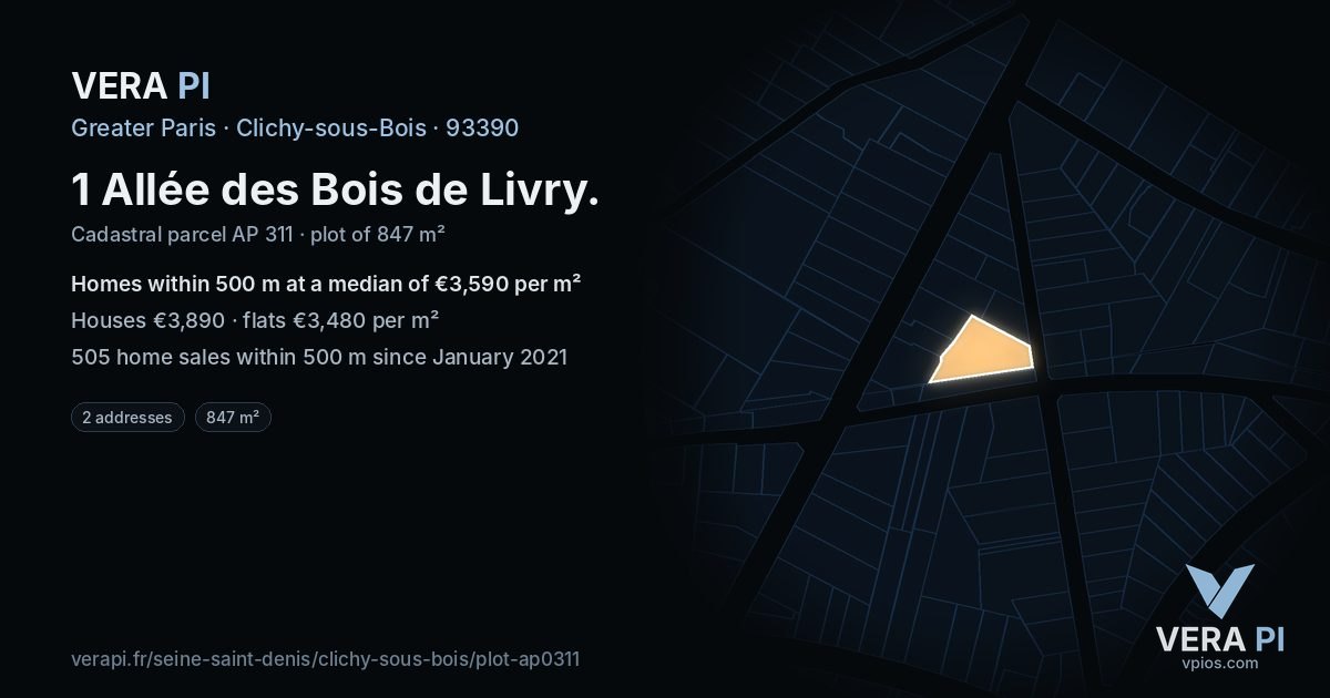 1 Allée des Bois de Livry, Clichy-sous-Bois at night – the plot lit, the parcels around coloured by the prices near them