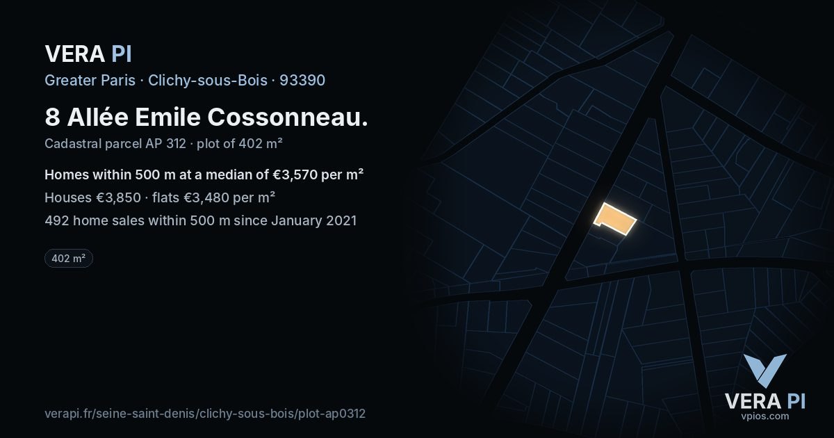 8 Allée Emile Cossonneau, Clichy-sous-Bois at night – the plot lit, the parcels around coloured by the prices near them