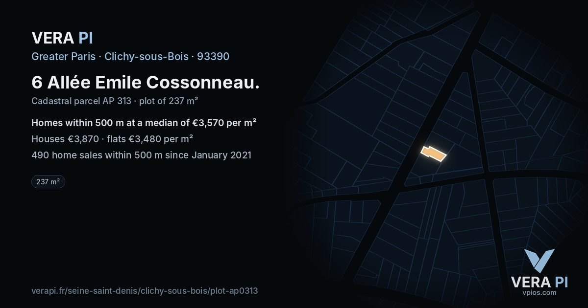 6 Allée Emile Cossonneau, Clichy-sous-Bois at night – the plot lit, the parcels around coloured by the prices near them