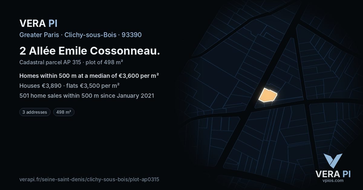 2 Allée Emile Cossonneau, Clichy-sous-Bois at night – the plot lit, the parcels around coloured by the prices near them