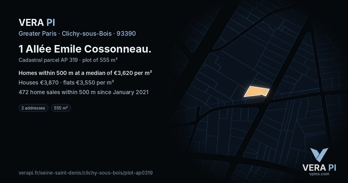 1 Allée Emile Cossonneau, Clichy-sous-Bois at night – the plot lit, the parcels around coloured by the prices near them