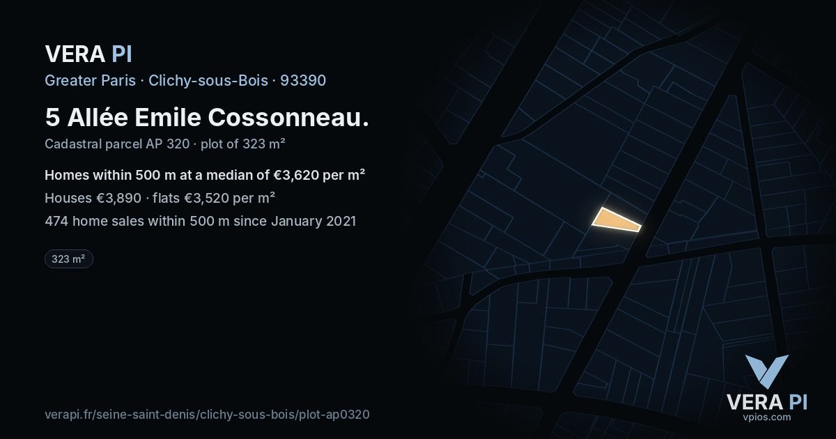 5 Allée Emile Cossonneau, Clichy-sous-Bois at night – the plot lit, the parcels around coloured by the prices near them