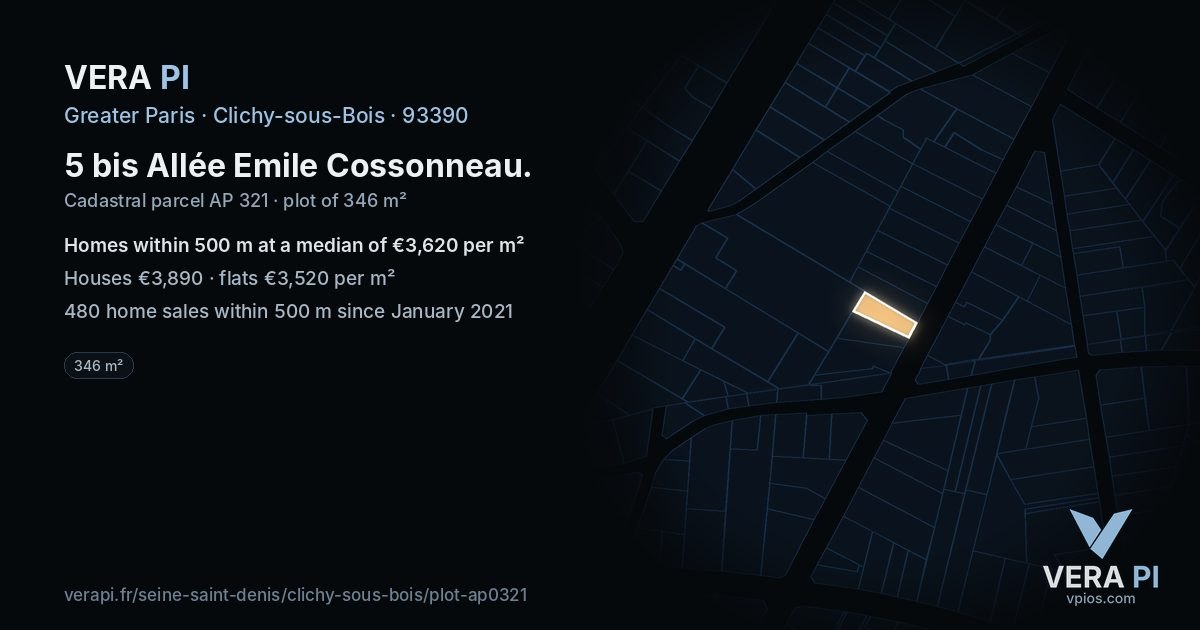 5 bis Allée Emile Cossonneau, Clichy-sous-Bois at night – the plot lit, the parcels around coloured by the prices near them
