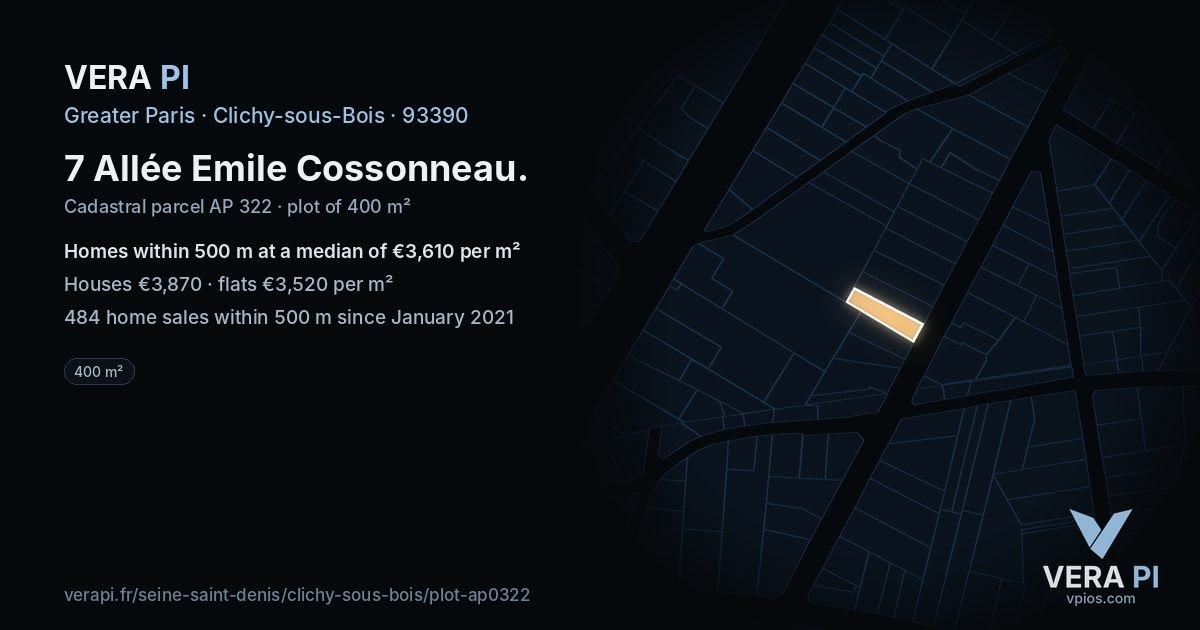 7 Allée Emile Cossonneau, Clichy-sous-Bois at night – the plot lit, the parcels around coloured by the prices near them