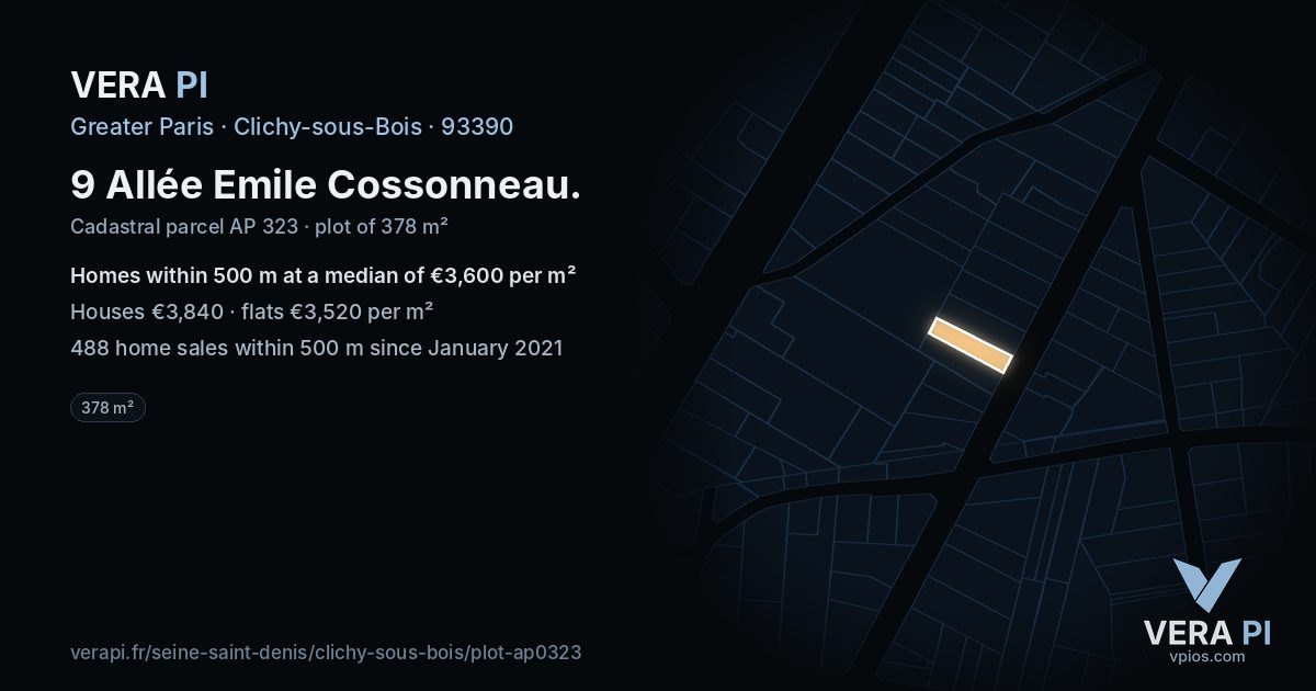 9 Allée Emile Cossonneau, Clichy-sous-Bois at night – the plot lit, the parcels around coloured by the prices near them