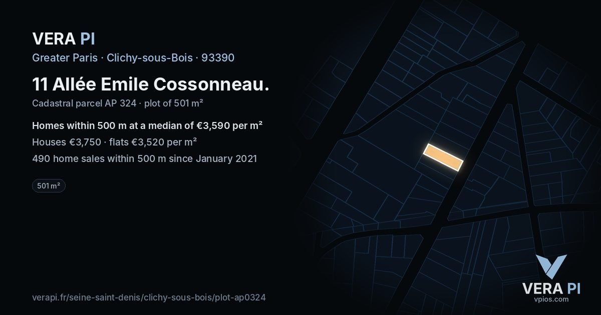 11 Allée Emile Cossonneau, Clichy-sous-Bois at night – the plot lit, the parcels around coloured by the prices near them