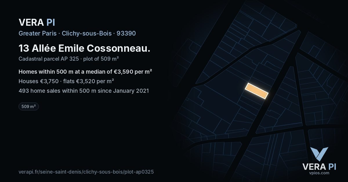 13 Allée Emile Cossonneau, Clichy-sous-Bois at night – the plot lit, the parcels around coloured by the prices near them