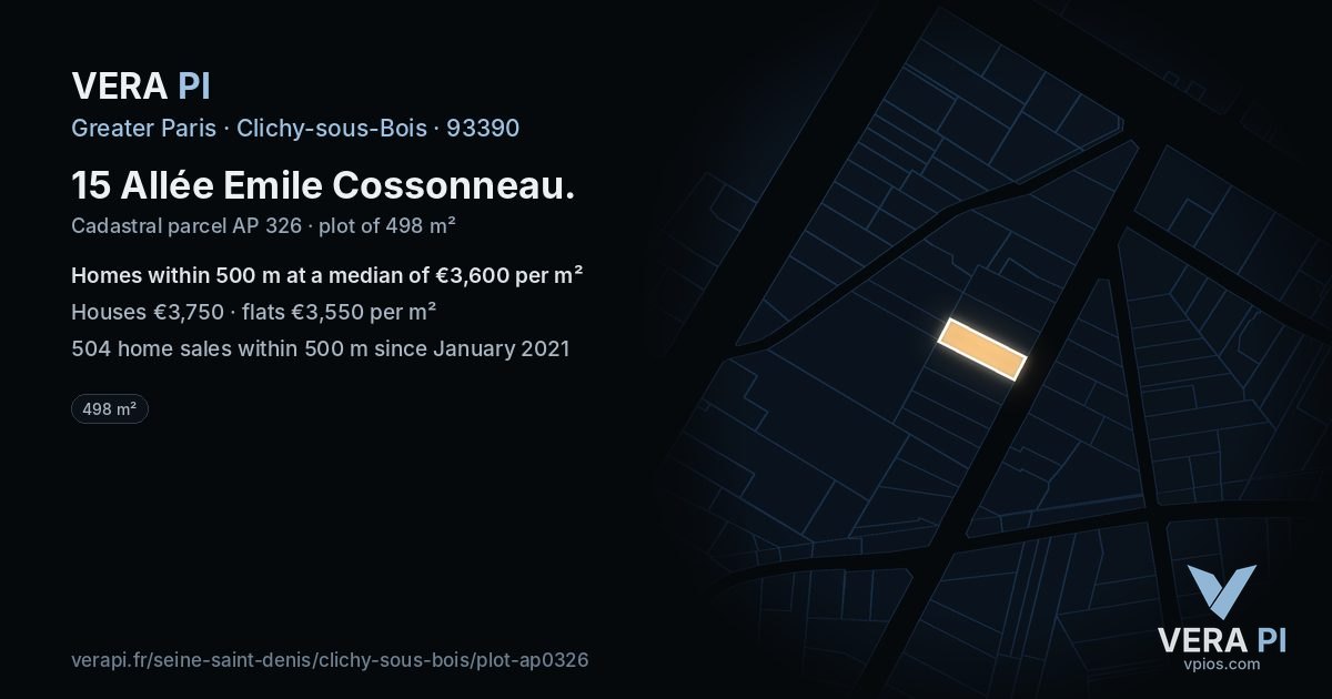 15 Allée Emile Cossonneau, Clichy-sous-Bois at night – the plot lit, the parcels around coloured by the prices near them