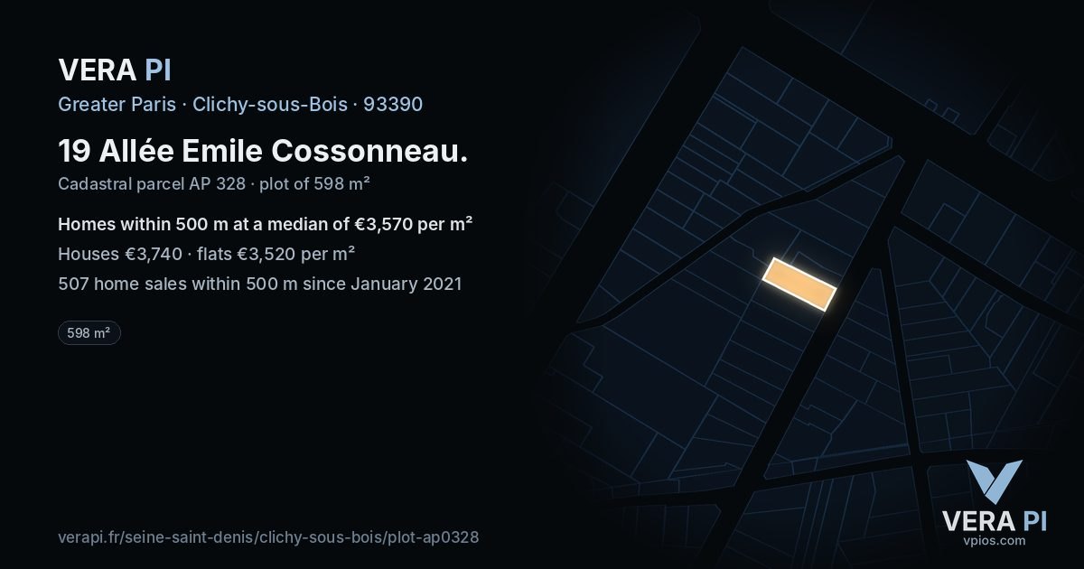 19 Allée Emile Cossonneau, Clichy-sous-Bois at night – the plot lit, the parcels around coloured by the prices near them