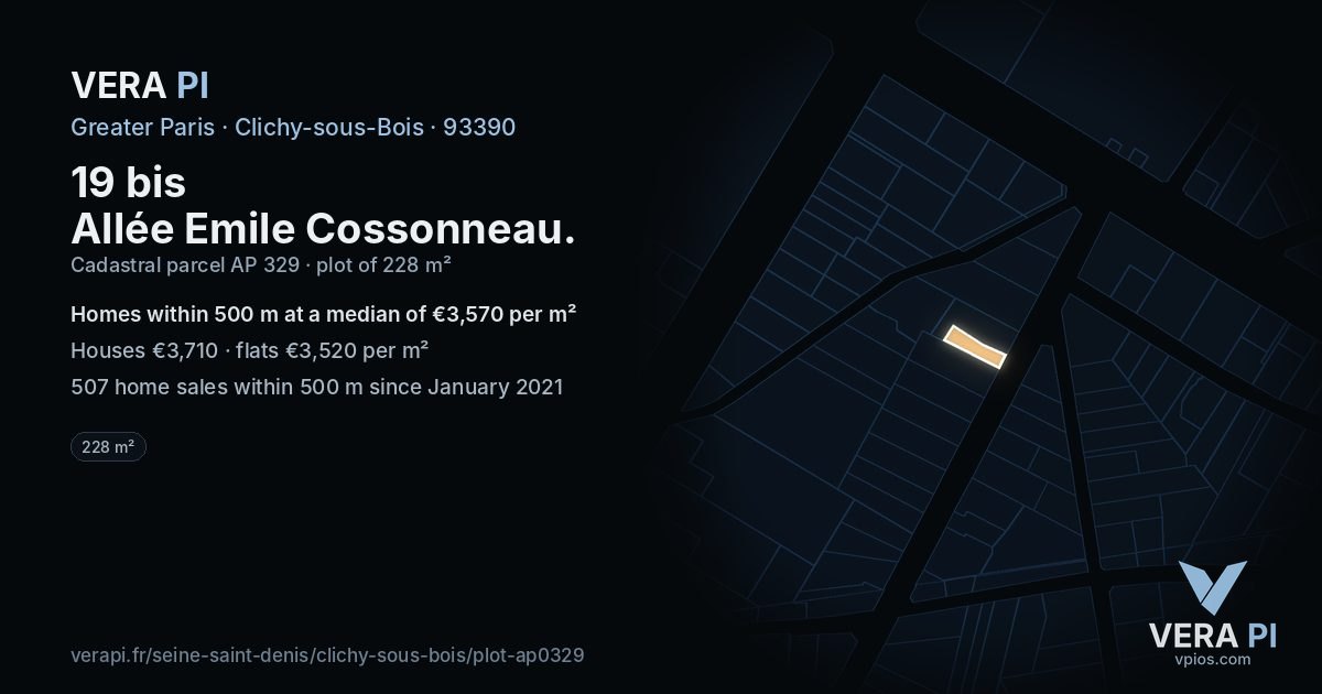 19 bis Allée Emile Cossonneau, Clichy-sous-Bois at night – the plot lit, the parcels around coloured by the prices near them