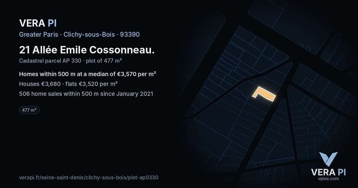 21 Allée Emile Cossonneau, Clichy-sous-Bois at night – the plot lit, the parcels around coloured by the prices near them