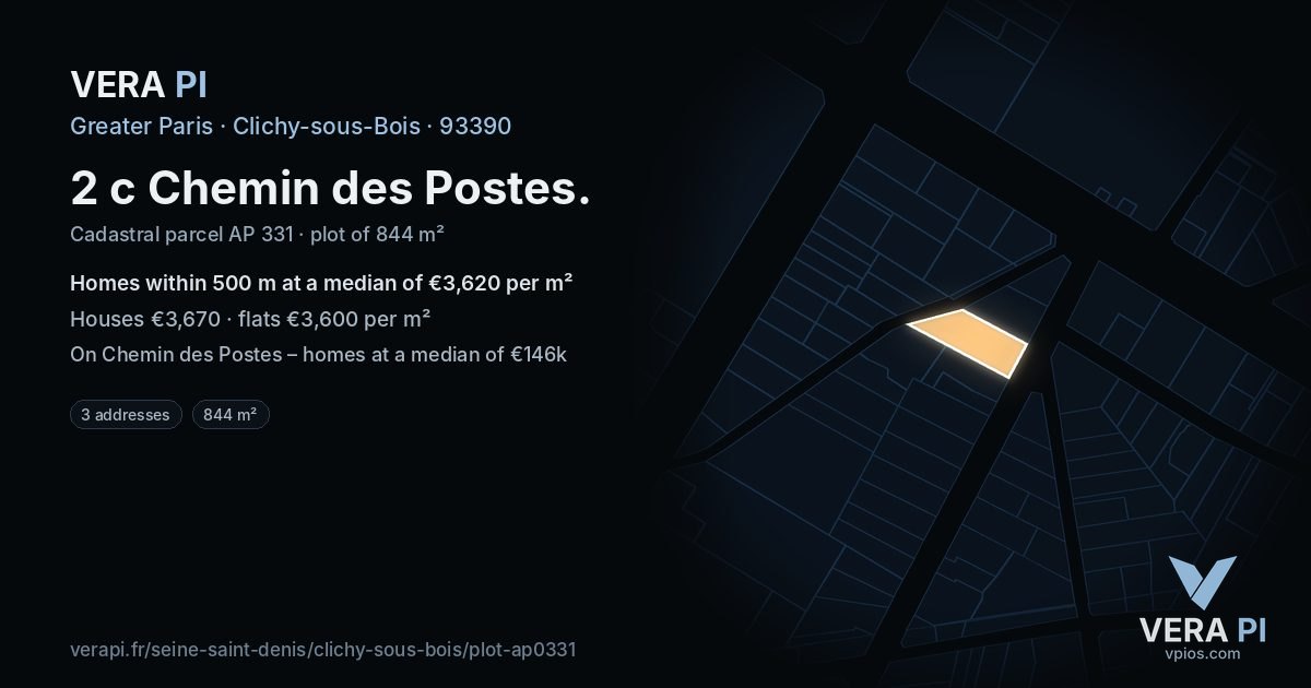2 c Chemin des Postes, Clichy-sous-Bois at night – the plot lit, the parcels around coloured by the prices near them