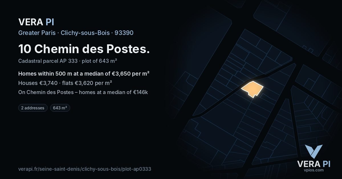 10 Chemin des Postes, Clichy-sous-Bois at night – the plot lit, the parcels around coloured by the prices near them