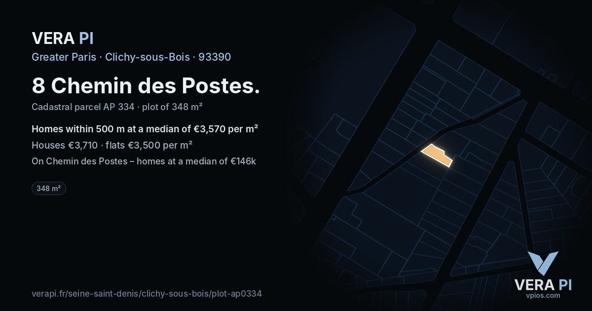 8 Chemin des Postes, Clichy-sous-Bois at night – the plot lit, the parcels around coloured by the prices near them