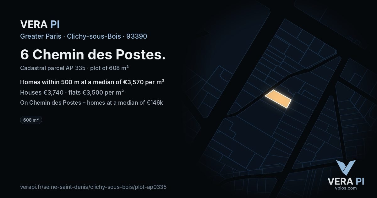 6 Chemin des Postes, Clichy-sous-Bois at night – the plot lit, the parcels around coloured by the prices near them