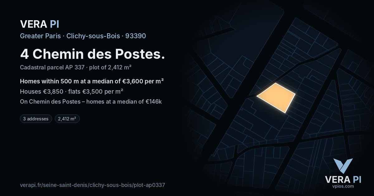 4 Chemin des Postes, Clichy-sous-Bois at night – the plot lit, the parcels around coloured by the prices near them