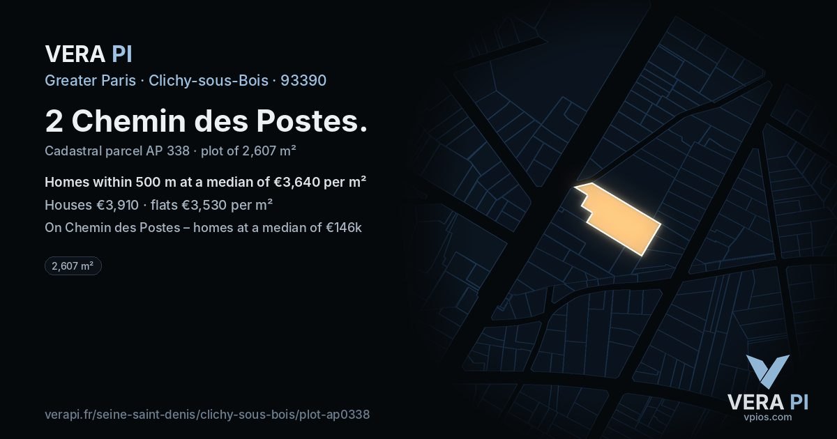 2 Chemin des Postes, Clichy-sous-Bois at night – the plot lit, the parcels around coloured by the prices near them