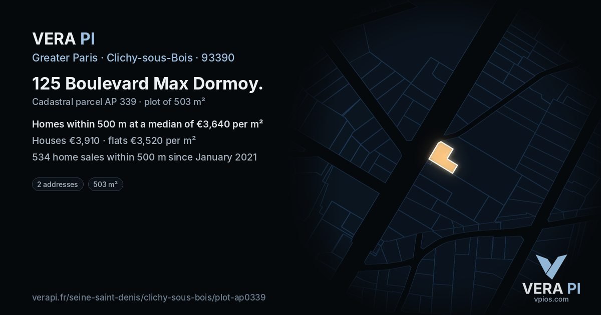125 Boulevard Max Dormoy, Clichy-sous-Bois at night – the plot lit, the parcels around coloured by the prices near them