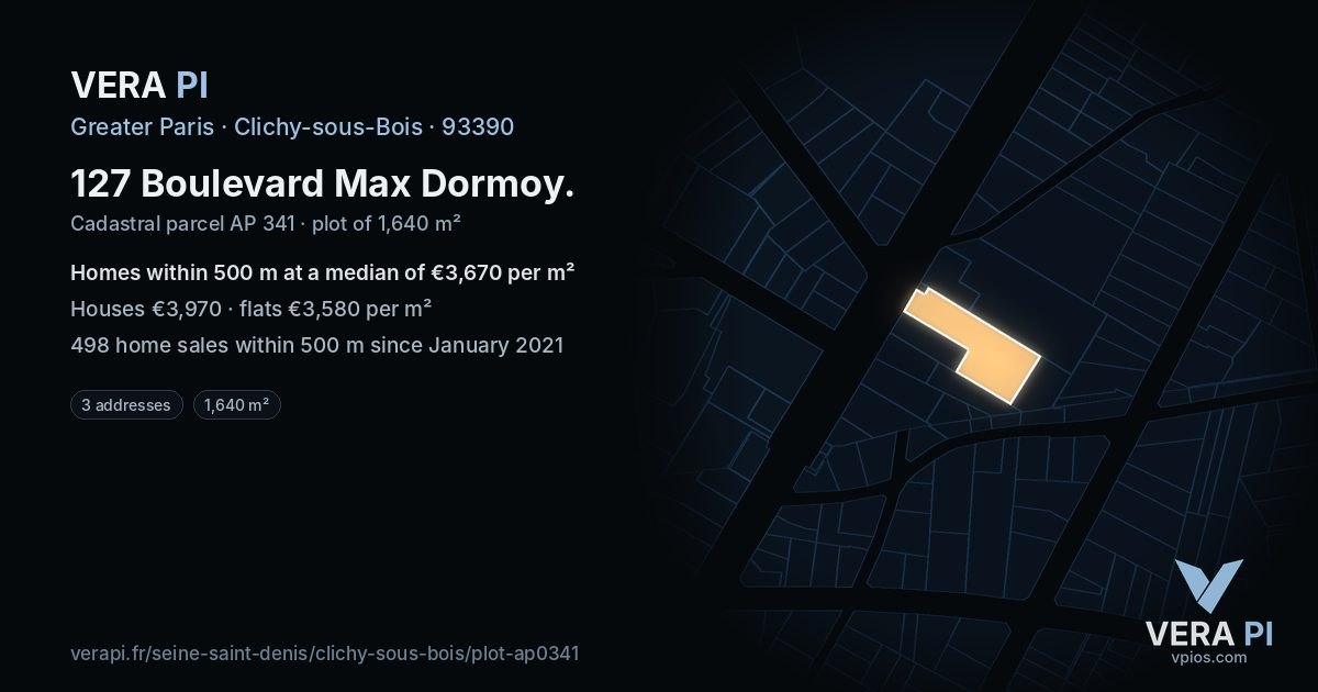 127 Boulevard Max Dormoy, Clichy-sous-Bois at night – the plot lit, the parcels around coloured by the prices near them