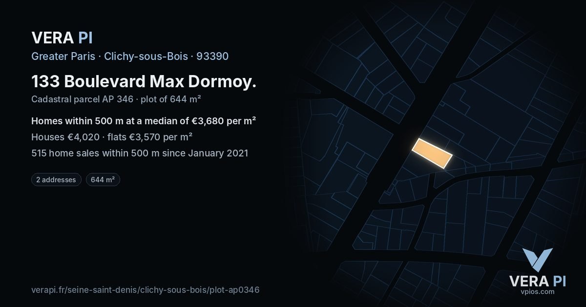 133 Boulevard Max Dormoy, Clichy-sous-Bois at night – the plot lit, the parcels around coloured by the prices near them