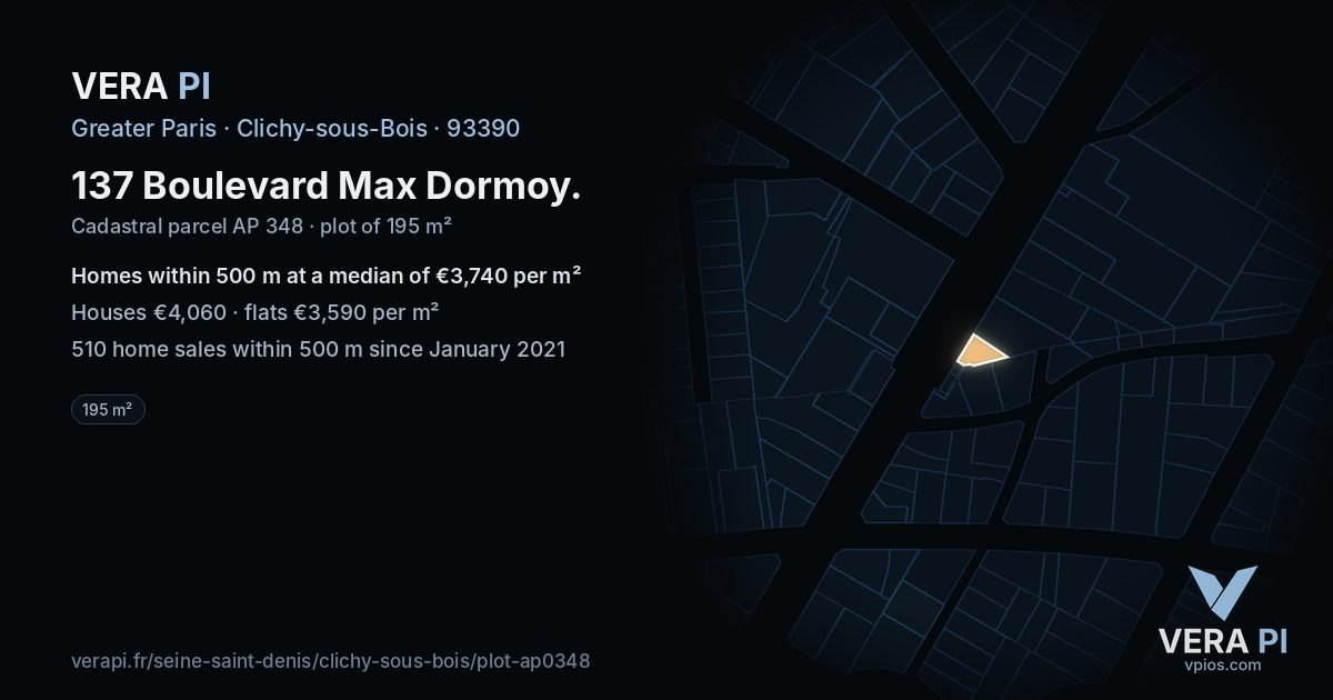 137 Boulevard Max Dormoy, Clichy-sous-Bois at night – the plot lit, the parcels around coloured by the prices near them