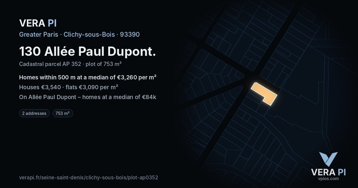 130 Allée Paul Dupont, Clichy-sous-Bois at night – the plot lit, the parcels around coloured by the prices near them