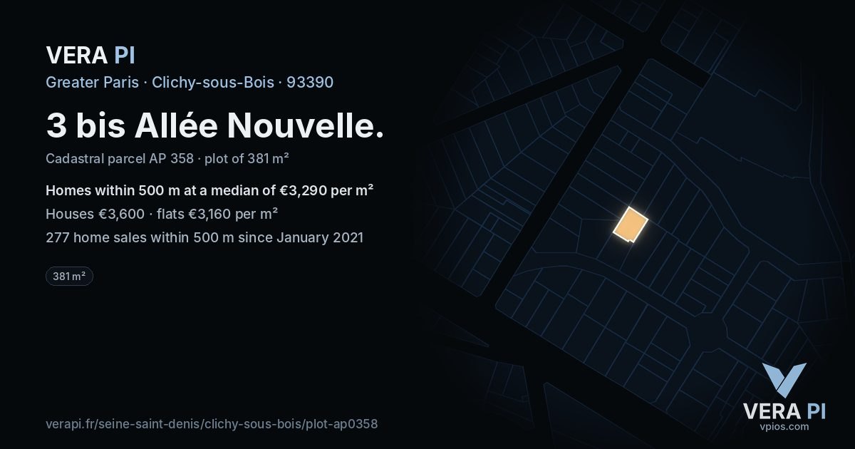 3 bis Allée Nouvelle, Clichy-sous-Bois at night – the plot lit, the parcels around coloured by the prices near them
