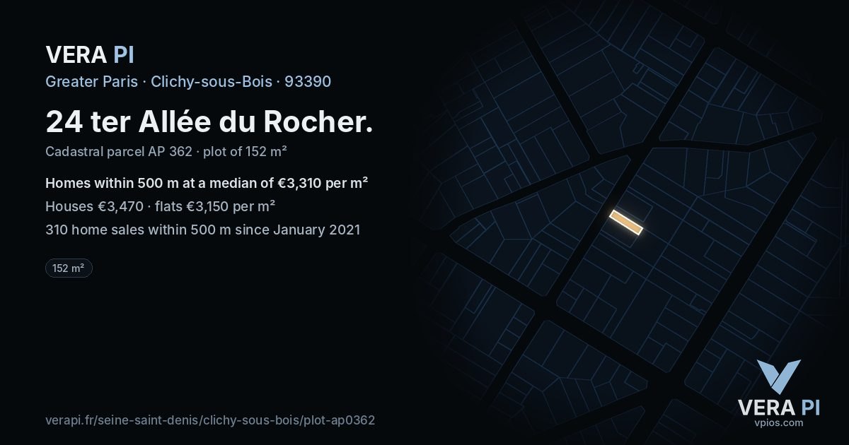 24 ter Allée du Rocher, Clichy-sous-Bois at night – the plot lit, the parcels around coloured by the prices near them