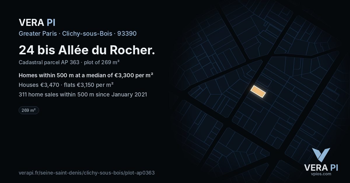 24 bis Allée du Rocher, Clichy-sous-Bois at night – the plot lit, the parcels around coloured by the prices near them
