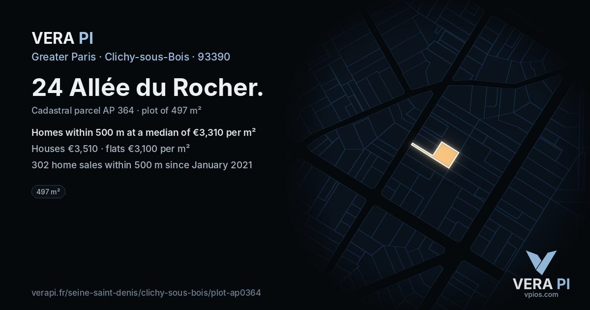 24 Allée du Rocher, Clichy-sous-Bois at night – the plot lit, the parcels around coloured by the prices near them