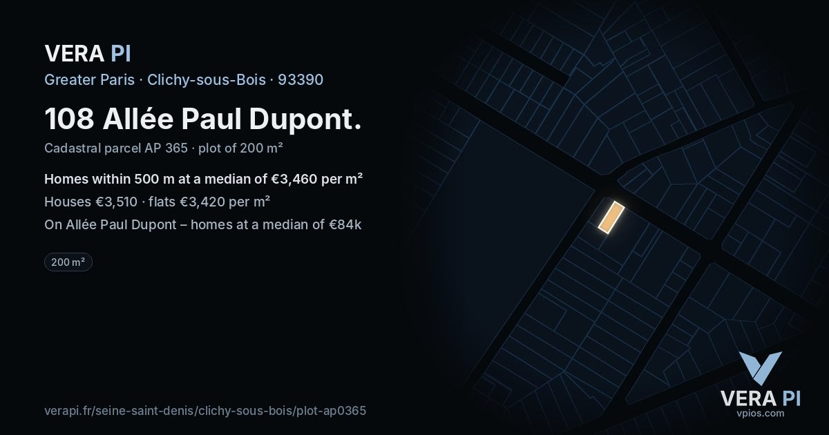 108 Allée Paul Dupont, Clichy-sous-Bois at night – the plot lit, the parcels around coloured by the prices near them