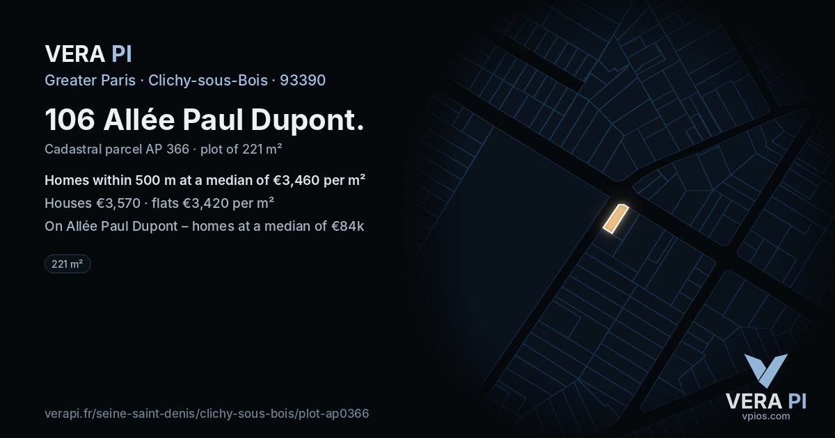 106 Allée Paul Dupont, Clichy-sous-Bois at night – the plot lit, the parcels around coloured by the prices near them