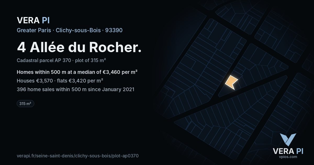 4 Allée du Rocher, Clichy-sous-Bois at night – the plot lit, the parcels around coloured by the prices near them