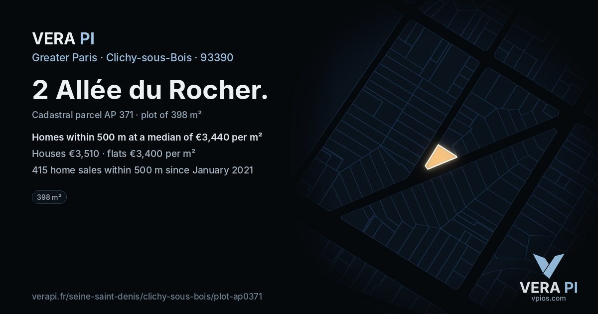 2 Allée du Rocher, Clichy-sous-Bois at night – the plot lit, the parcels around coloured by the prices near them