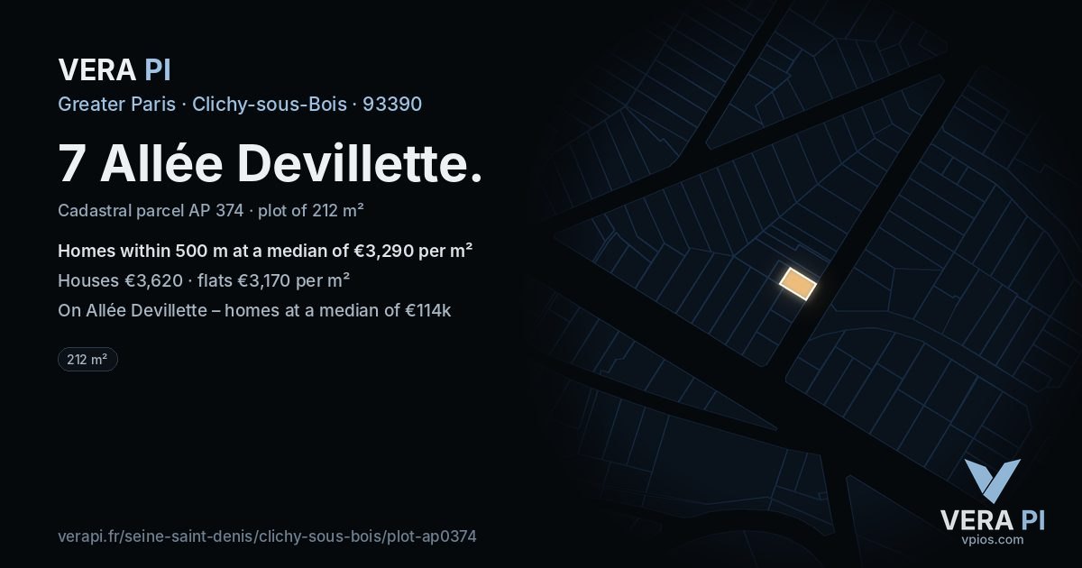 7 Allée Devillette, Clichy-sous-Bois at night – the plot lit, the parcels around coloured by the prices near them