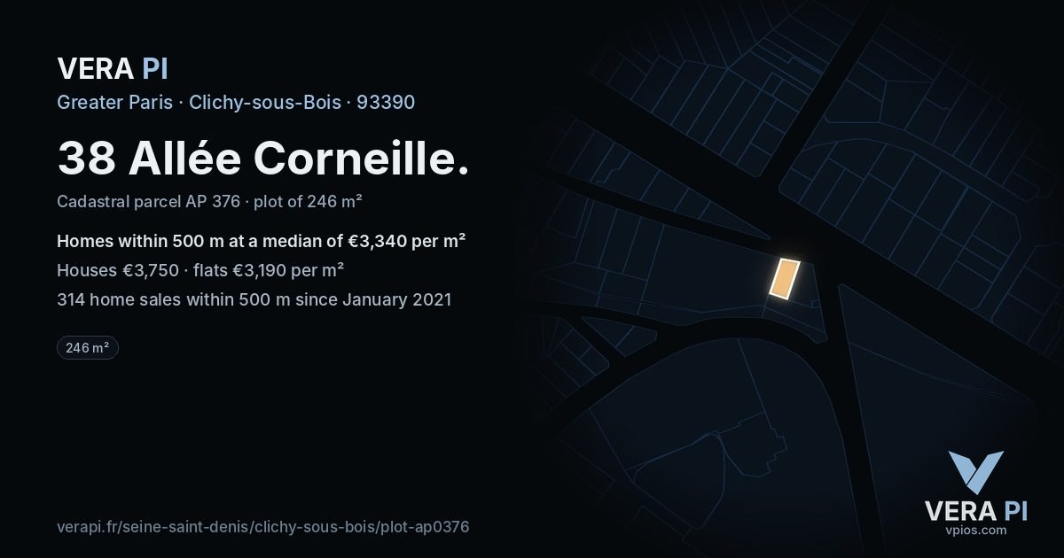 38 Allée Corneille, Clichy-sous-Bois at night – the plot lit, the parcels around coloured by the prices near them
