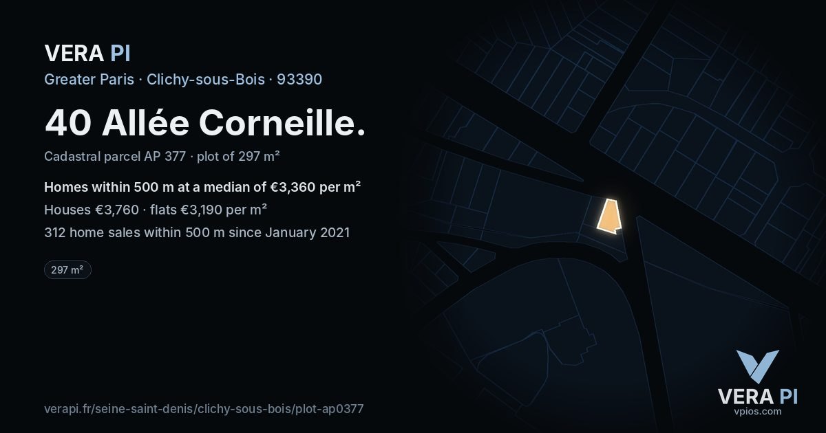 40 Allée Corneille, Clichy-sous-Bois at night – the plot lit, the parcels around coloured by the prices near them