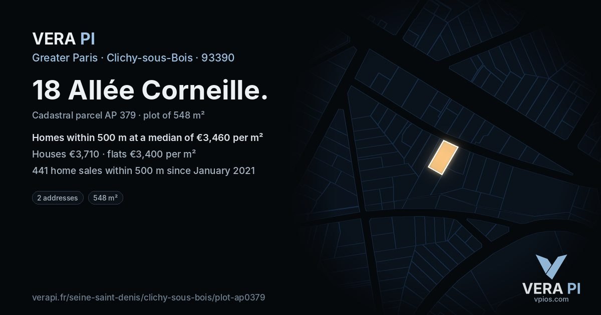 18 Allée Corneille, Clichy-sous-Bois at night – the plot lit, the parcels around coloured by the prices near them