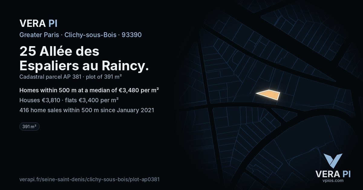 25 Allée des Espaliers au Raincy, Clichy-sous-Bois at night – the plot lit, the parcels around coloured by the prices near them