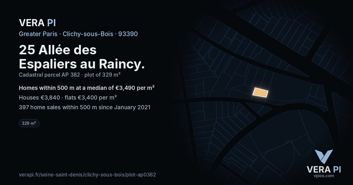 25 Allée des Espaliers au Raincy, Clichy-sous-Bois at night – the plot lit, the parcels around coloured by the prices near them