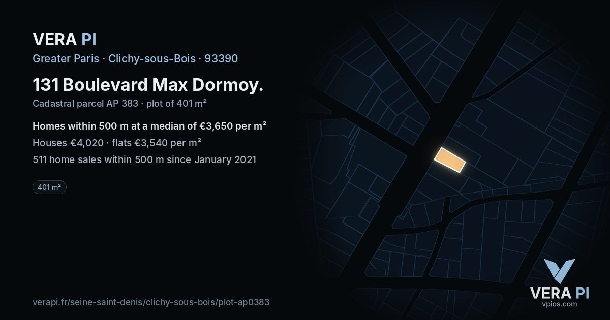 131 Boulevard Max Dormoy, Clichy-sous-Bois at night – the plot lit, the parcels around coloured by the prices near them